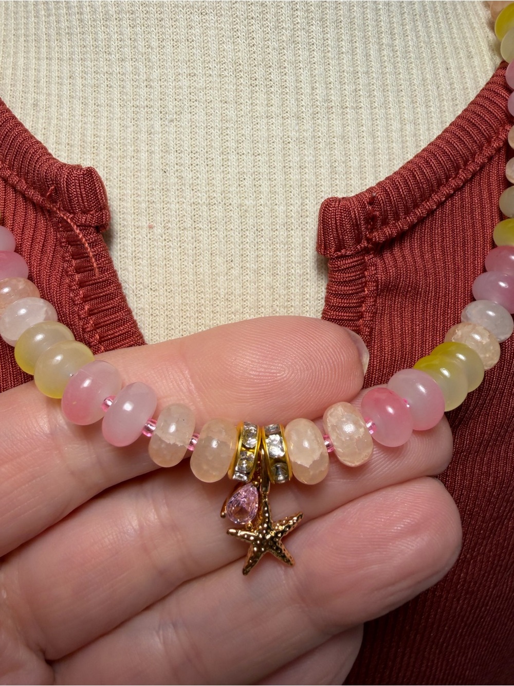 Handmade Pink & Yellow Beaded with Rondelle Gemstones Necklace with Starfish - Picture 2 of 5